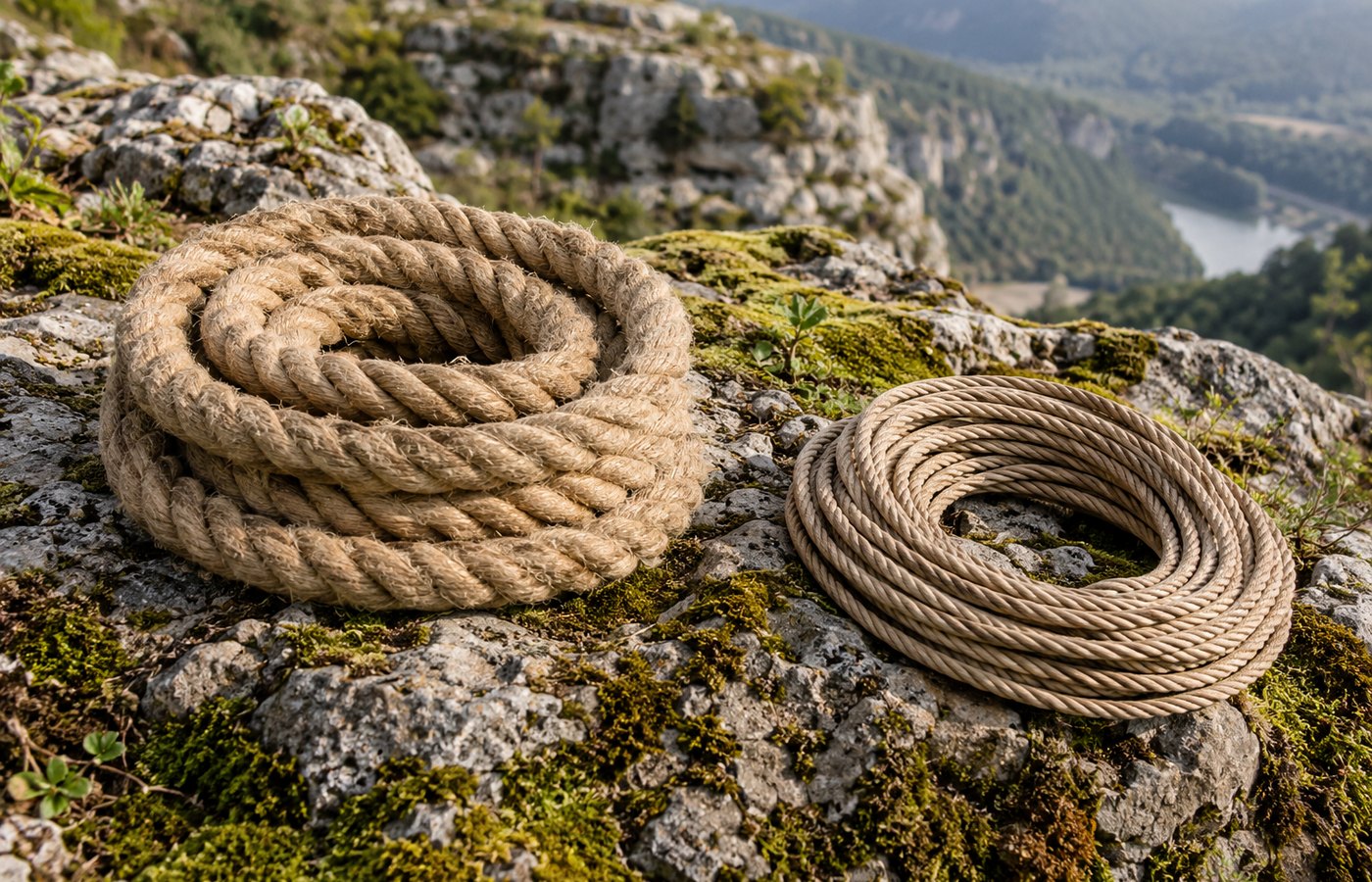Duas madeixas de corda de espessura diferente sobre calcário com musgo, sem texto